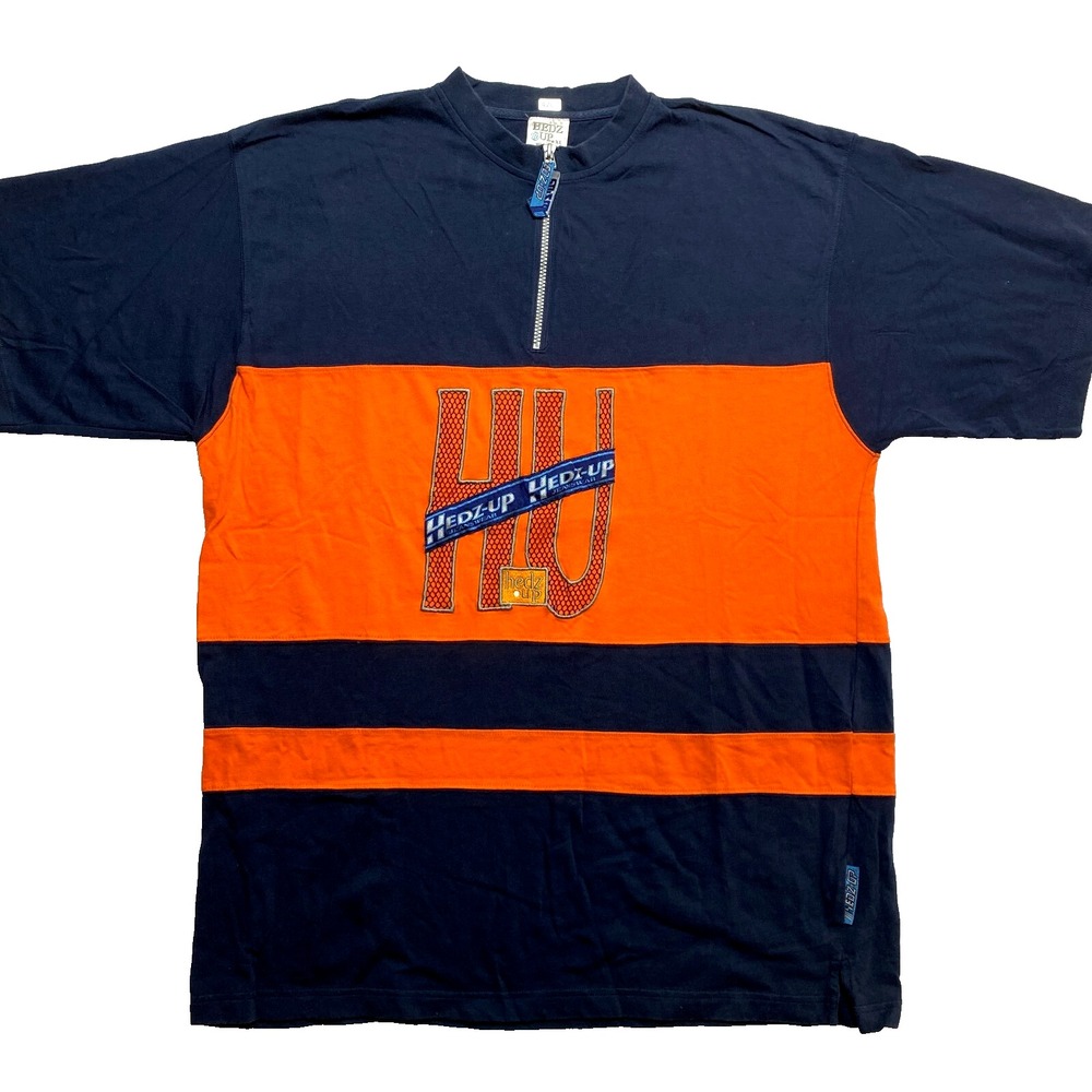 VINTAGE HEDZ UP Zip T-Shirt Mens XL Blue Orange Short Sleeve Big Logo Y2K